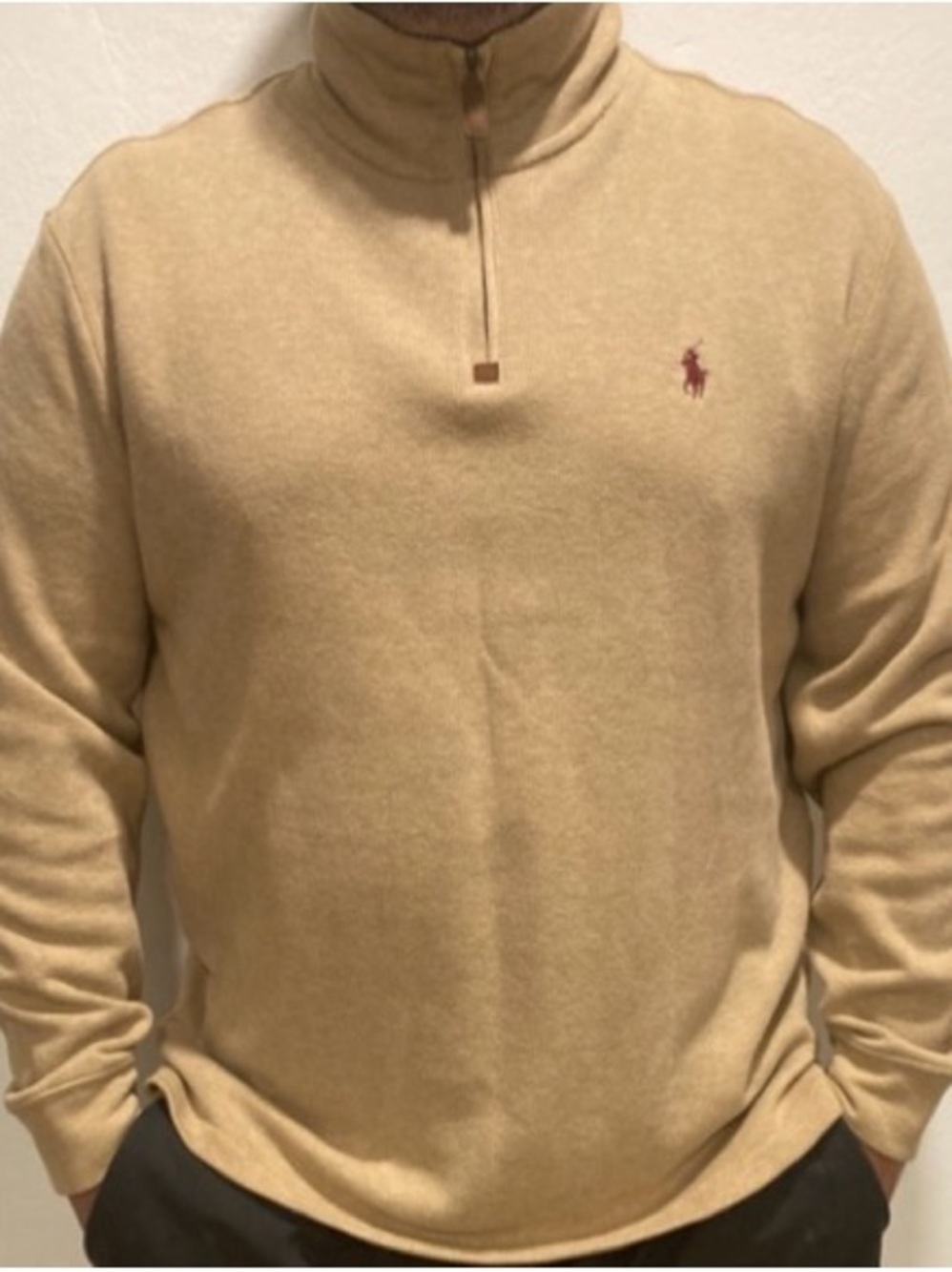 Ralph Lauren Men’s Tan Zip Mock Neck Sweater with Embroidered Logo
